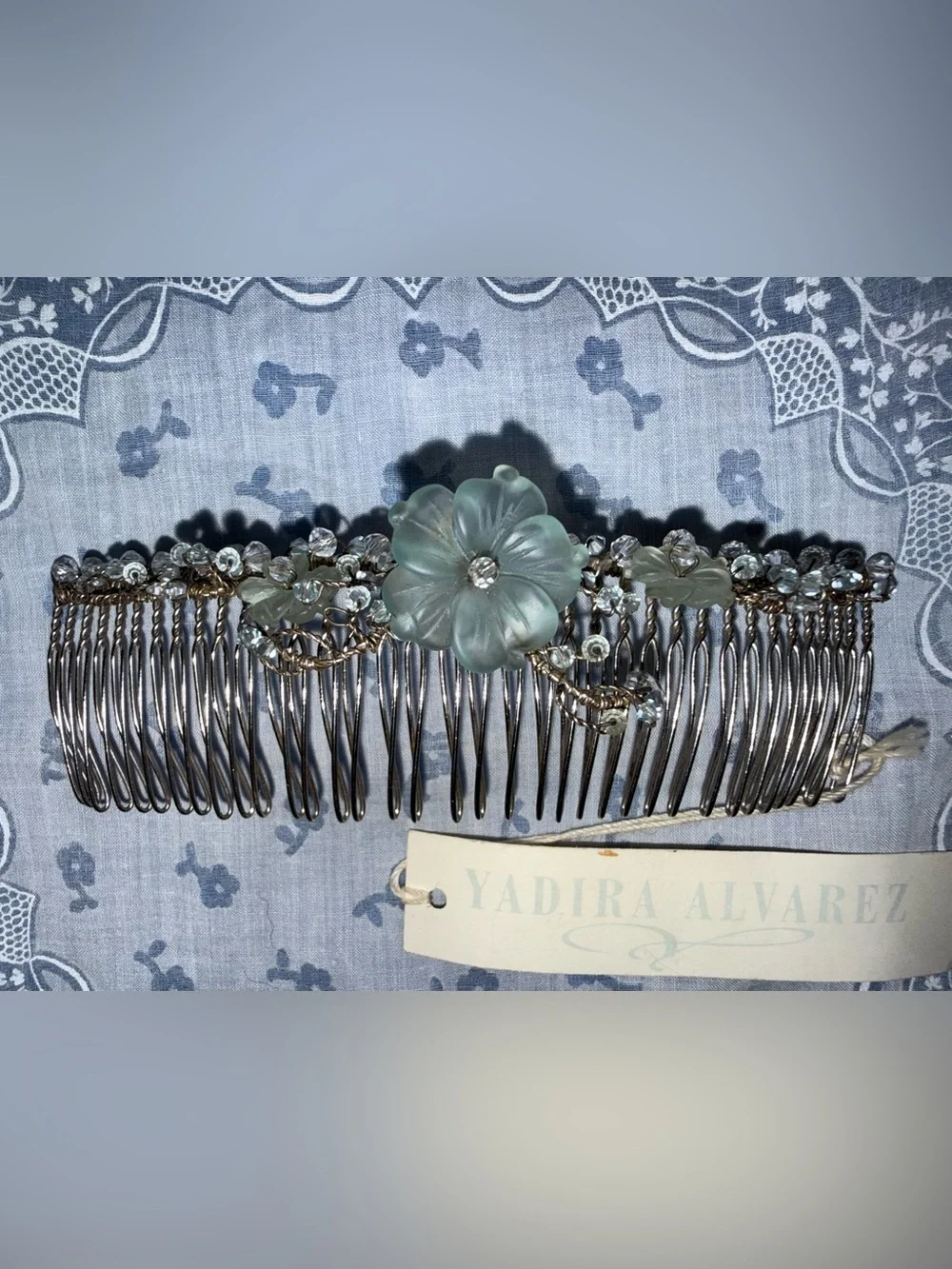 Sterling Silver Yadira Alvarez Lt Azure Flower Crystal Hair Comb Limited Edition